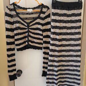 Chic Striped Black and Cream Midi Dress with Cardigan